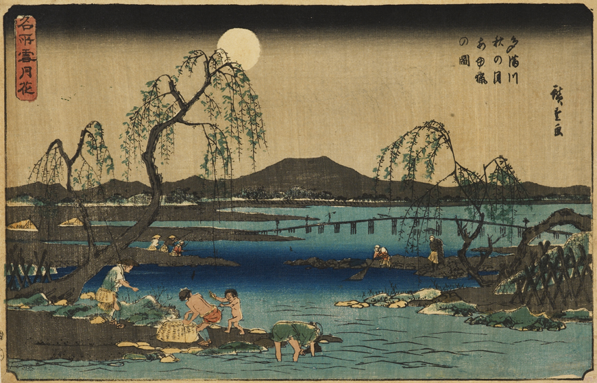 ‘Fishing for sweetfish on the Tama River in the autumn moonlight’, woodblock print, Utagawa Hiroshige I (1844-1848), EAX.4750