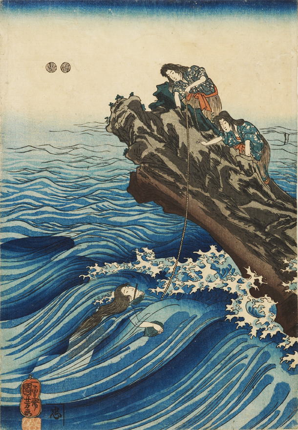‘Ama clutching an abalone shell’, woodblock print, Utagawa Kuniyoshi (1849-1853), EAX.5292 