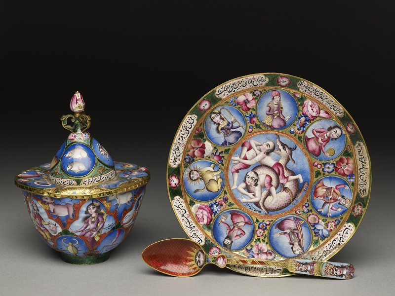 Fig.1 Set with Astrological Decoration, Iran, early 19th century, gold, enamelled. Accepted by HM Government in lieu of Inheritance Tax on the Estate of Basil Robinson and allocated to the Ashmolean Museum, 2009 (EA2009.2-4) © Ashmolean Museum, University of Oxford