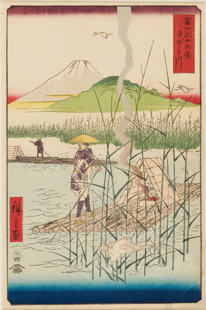 The Sagami River (Sagamigawaさがみ川) Series: Thirty-Six Views of Mount Fuji Date: 1858 Colour woodblock print Presented by Mrs Allan and Mr and Mrs H. N. Spalding, 1952 EAX.4384 © Ashmolean Museum, University of Oxford This print is unusual within this series for its focus on human activities, as two men punt log-rafts along the river. Hiroshige has layered multiple visual planes in this composition, starting with the egret and reeds at the front, and ending with Fuji at the back. This device creates a sense of depth in the composition without resorting to Western linear perspective. The column of smoke from the fire divides the print vertically and the unexpected colours evoke a bright spring morning. This print was famously included in the background of van Gogh’s 1887 oil portrait of Père Tanguy. 