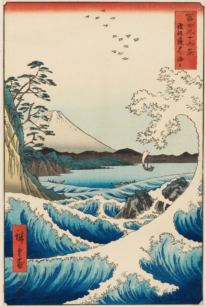 The Sea at Satta in Suruga Province (Suruga Satta kaijō駿河薩多海上) Series: Thirty-six Views of Mount Fuji Date: 1858 Colour woodblock print Presented by Mrs Allan and Mr and Mrs H. N. Spalding, EAX.4387 © Ashmolean Museum, University of Oxford Here Mount Fuji is framed by a giant curling wave in the foreground. The design recalls Hokusai’s famous depiction of Fuji, known as ‘The Great Wave’. Hiroshige’s version is calmer and more detached. The water has been printed with great sophistication, with three different shades of blue contrasting with the white wave crests, which in turn harmonize with the white peak of Mount Fuji in the background. The marks of the baren printing tool are clearly visible on the slopes of the mountain. 