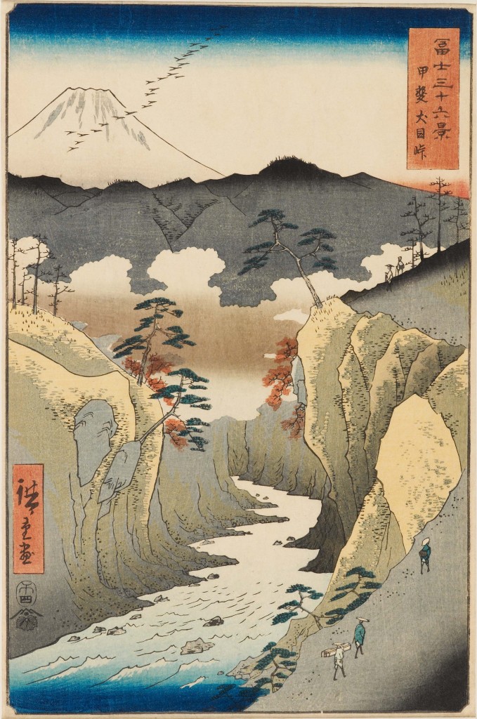 Inume Pass in Kai Province (Kai Inume tōge甲斐犬目峠) Thirty-six Views of Mount Fuji Date: 1858 Colour woodblock print Presented by Mrs Allan and Mr and Mrs H. N. Spalding, EAX.4389 © Ashmolean Museum, University of Oxford Travellers walk along the edge of Inume Pass on a chilly autumn day. A flock of geese flies in front of Mount Fuji, adding to the melancholy autumnal atmosphere. Hiroshige is known to have travelled to this area in the spring of 1841. In his diary he described its awe-inspiring beauty. Hiroshige absorbed a wide range of artistic influences, evident in this work: the fluffy clouds in the ravine and the shading on Mount Fuji are probably influenced by Western copper-plate prints, but the dots on the craggy rocks are more reminiscent of Chinese ink painting. 