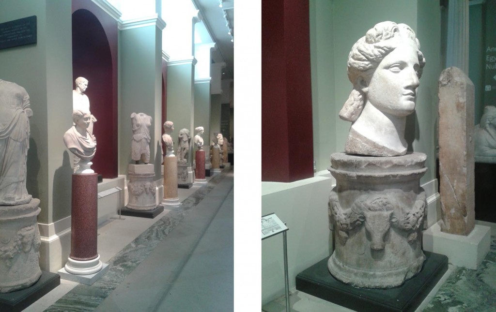 (L) The Randolph Gallery at the Ashmolean Museum; (R) A colossal head of Apollo mounted on Avilius' altar.