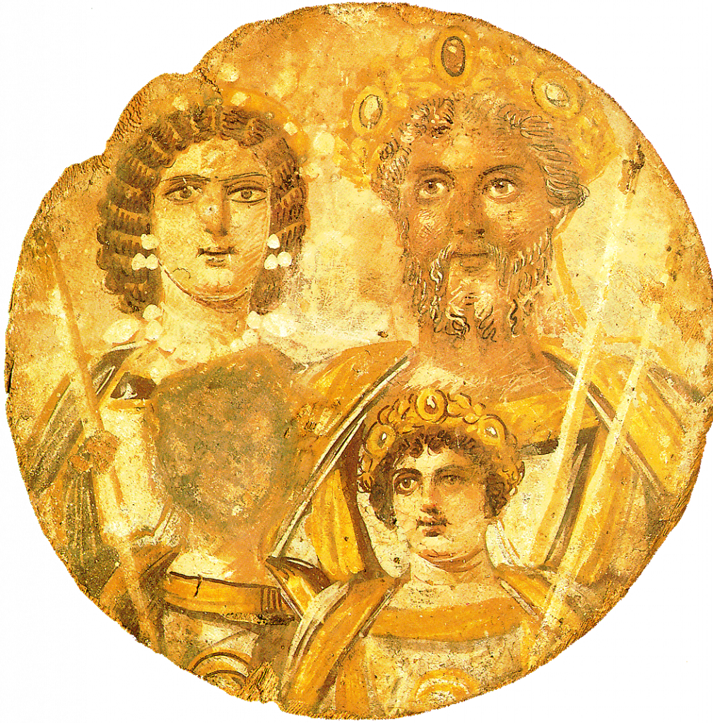 Roman painting from Algeria. Clockwise from top left: Septimius Severus, Julia Domna, Caracalla and Geta (erased). (Paint on wood, Staatliche Museum zu Berlin, inv. 31.329. Diam. 30 cm.)