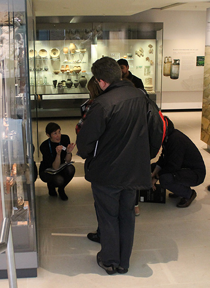 Dr Jane Masséglia, talking about Roman sling bullets and water pipes, in the Rome Gallery.