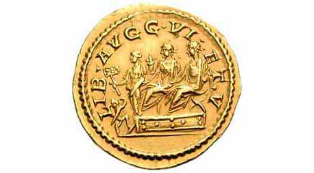 This golden coin (aureus) was minted in AD 211-2, in the joint reign of the Emperors Caracalla and Geta. It shows the two brothers as consuls, sitting side-by-side in special "curule" chairs (a mark of office). This was not a good year for Geta. Click here to read about what happened next.
